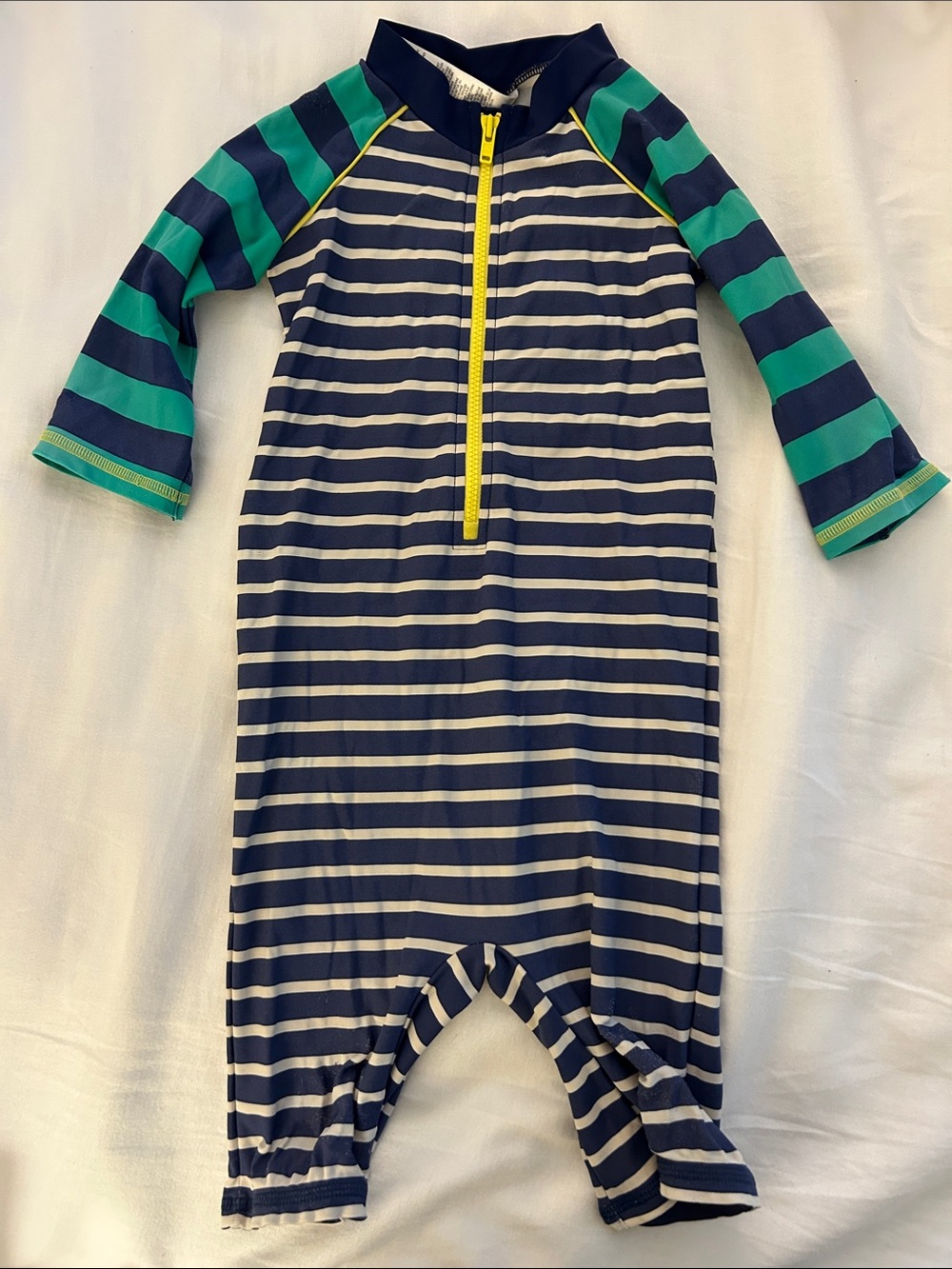 Baby Boden Navy & White Striped One-Piece Swimsuit with Green Sleeves